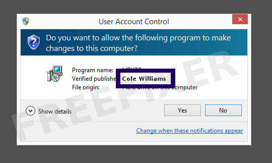 Screenshot where Cole Williams appears as the verified publisher in the UAC dialog